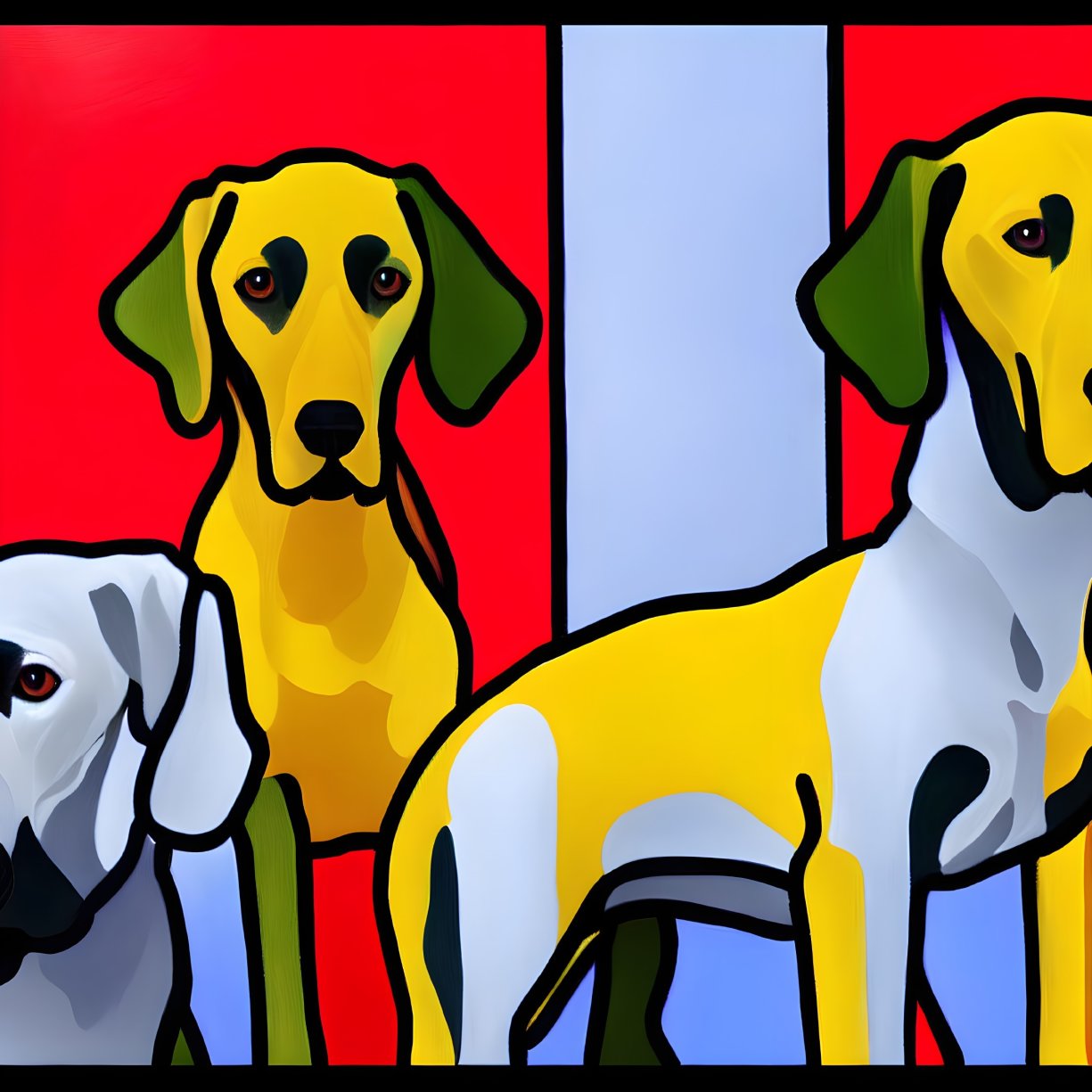 Stylized dogs on colorful background with red, blue, white, and yellow.