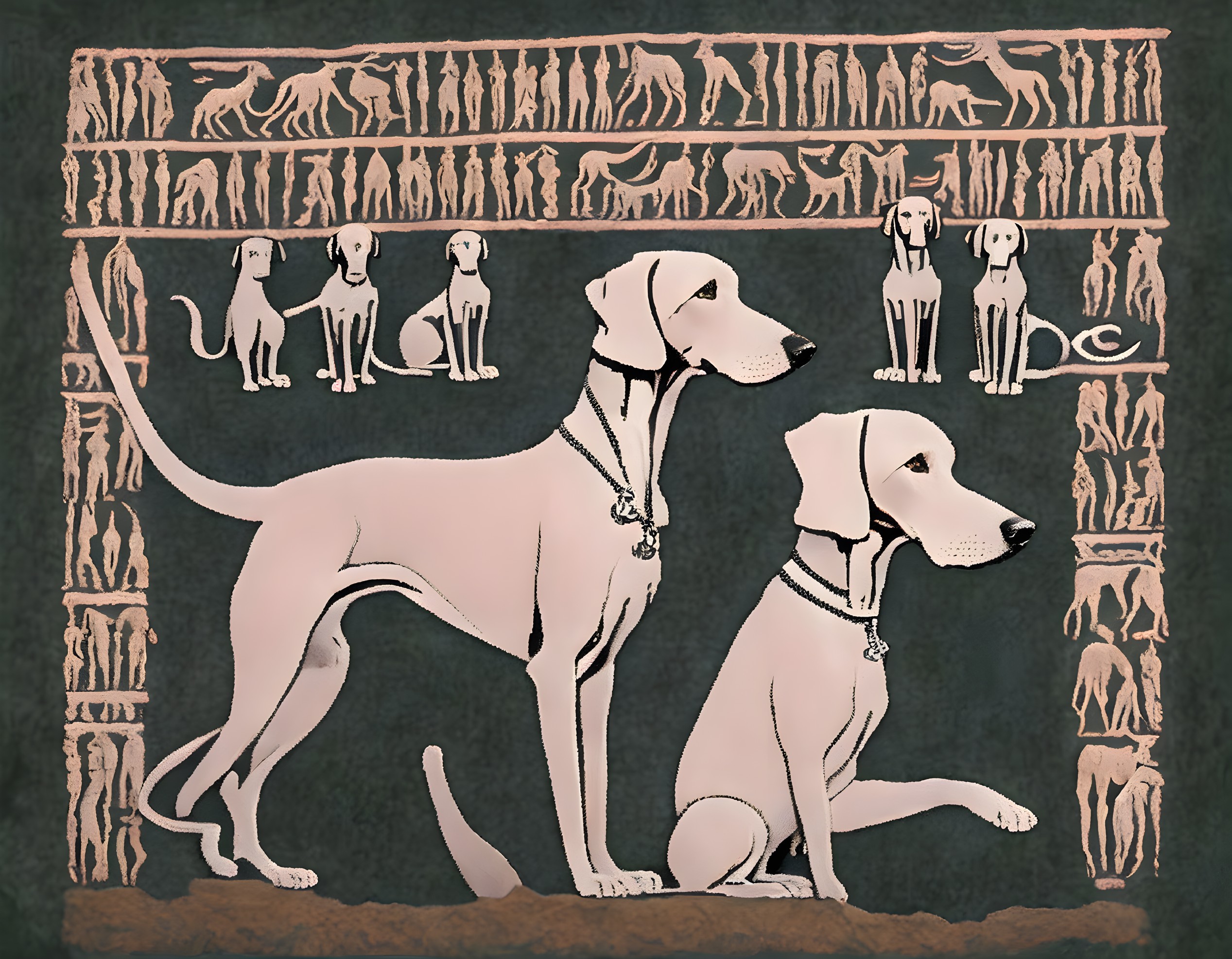 Slender Greyhound Dogs in Ancient Egyptian Fresco Style