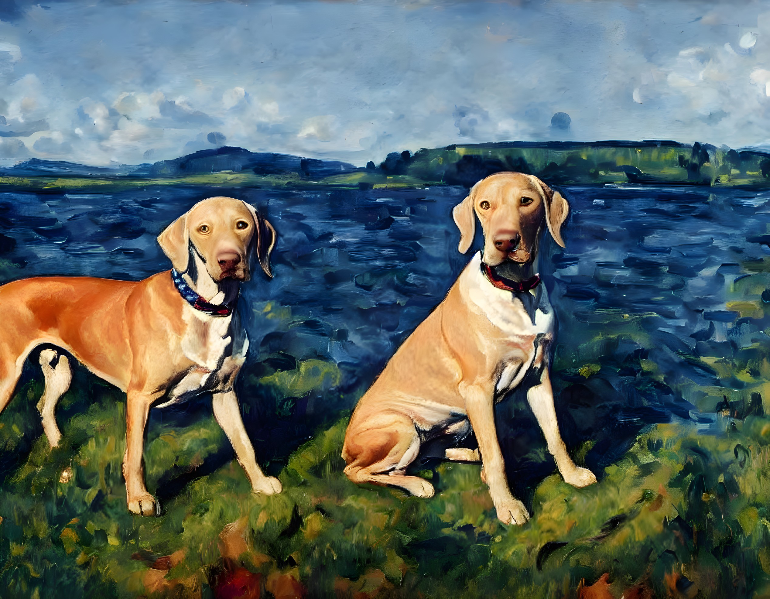 Vibrant painting of two dogs by a lake and hills