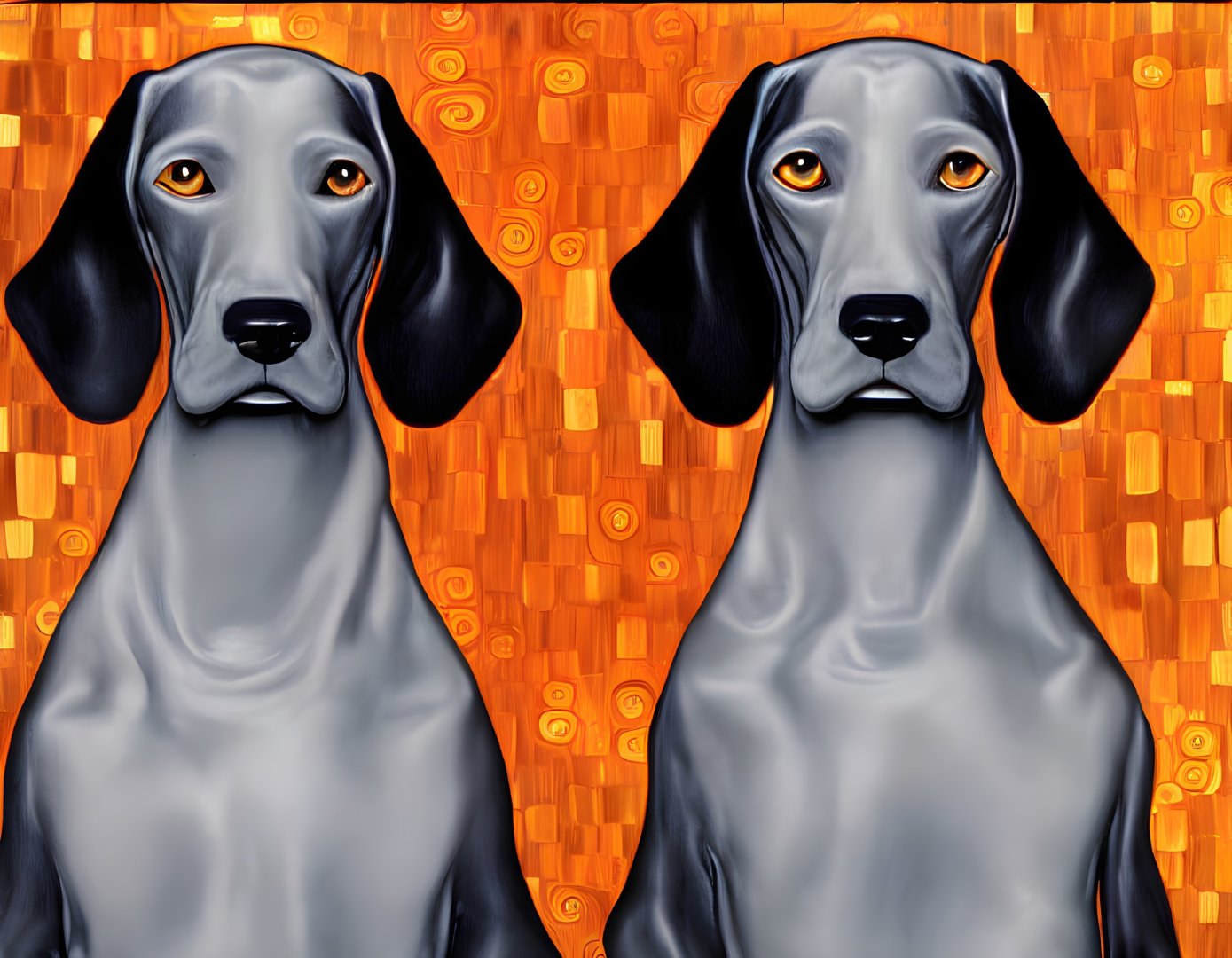 Illustrated black and tan dogs on abstract orange background