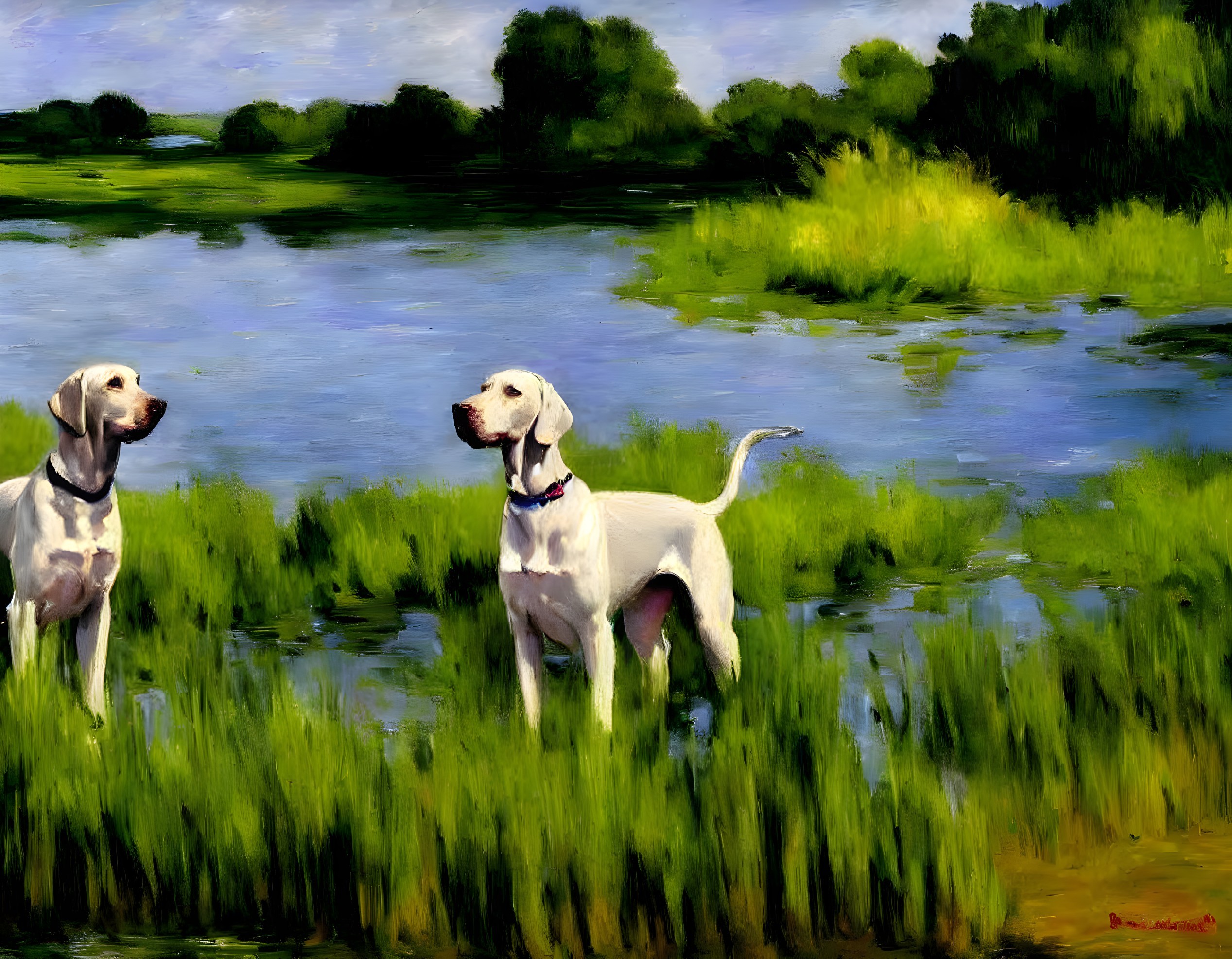 Spotted white dogs near lush lake and trees