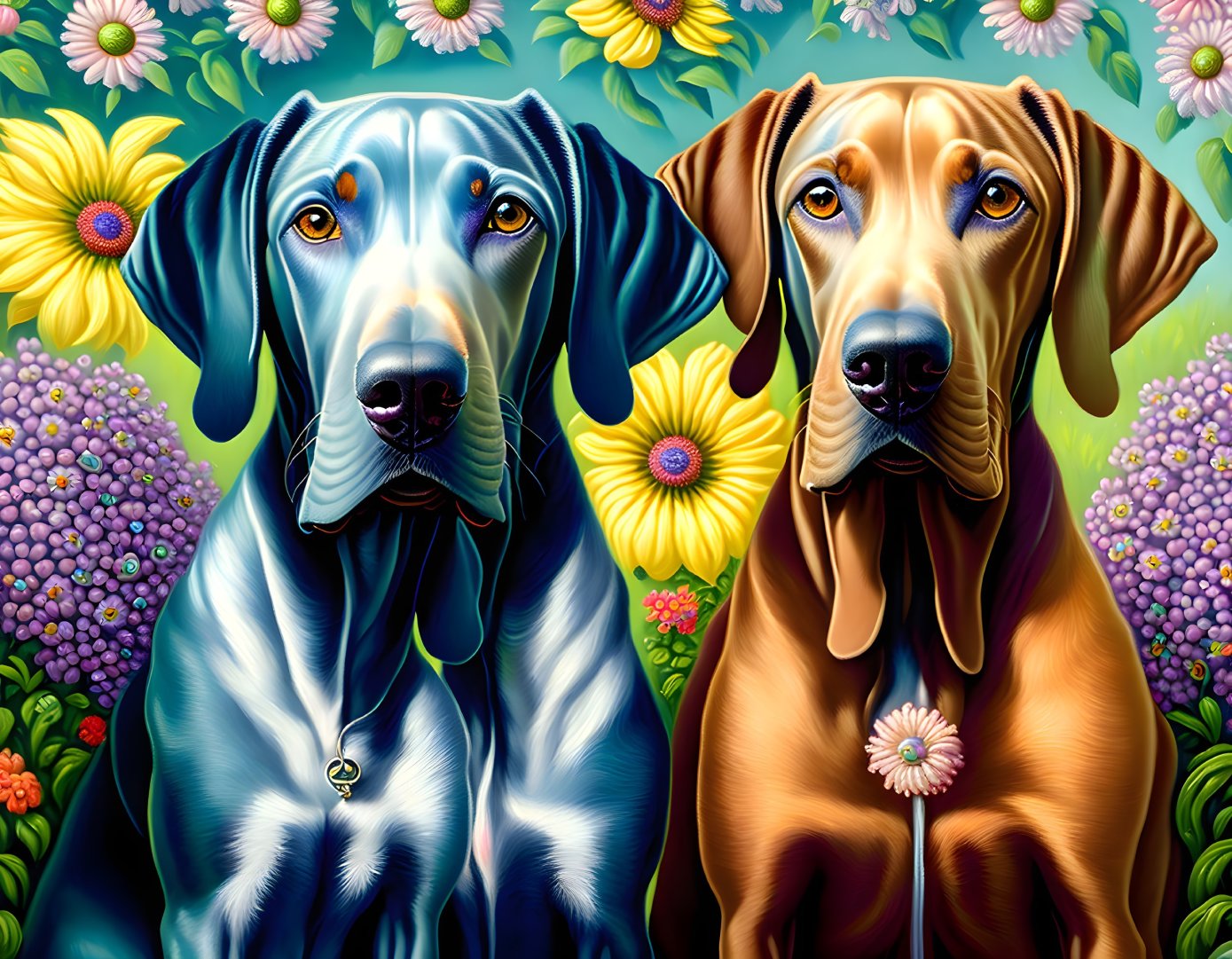 Two glossy-coated dogs in blue and brown colors against a backdrop of lush flowers