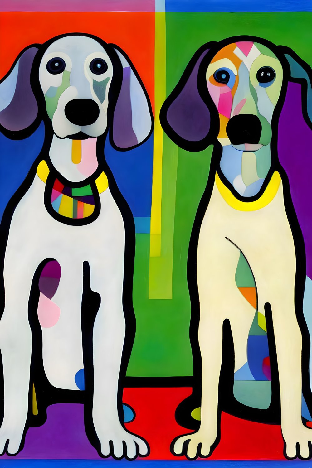 Stylized colorful dogs with abstract patterns on vibrant background