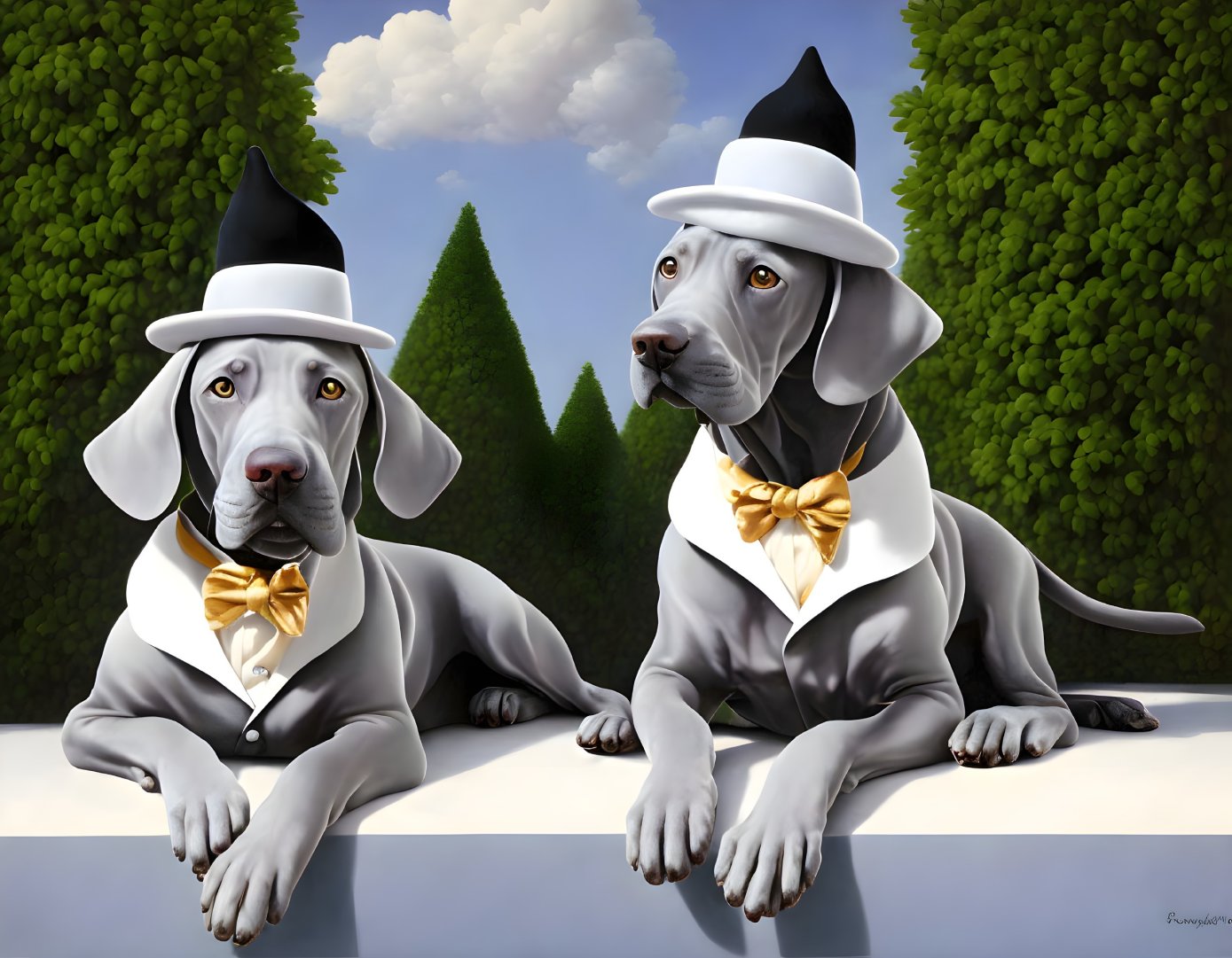 Two Weimaraner Dogs in White Shirts, Bow Ties, and Hats by Neat