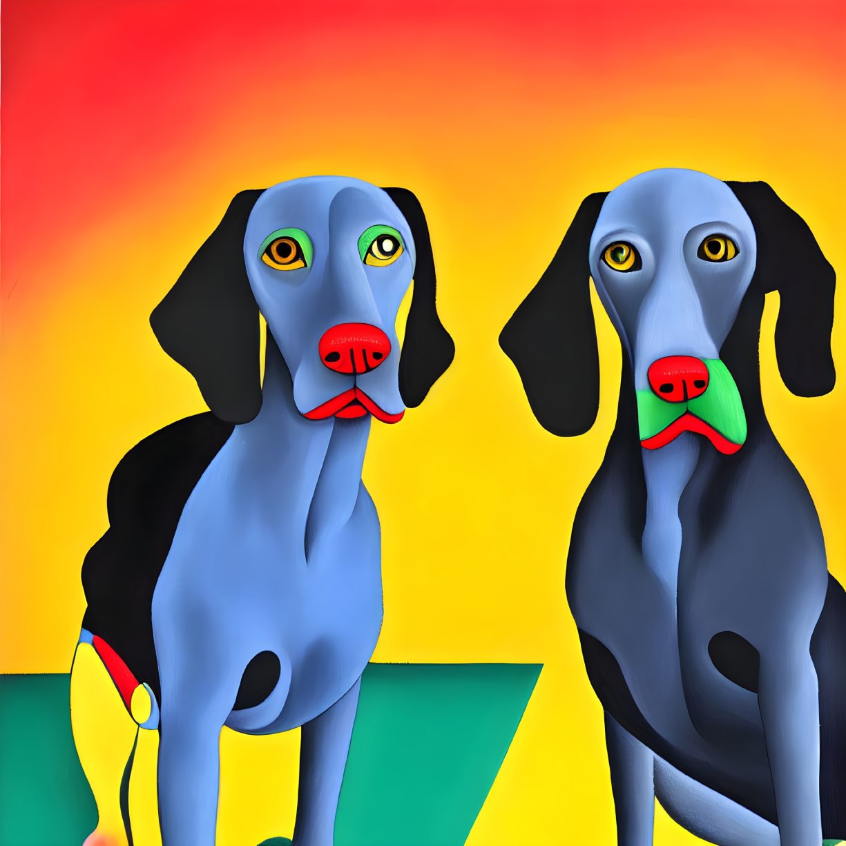 Stylized cartoon-like dogs with black and gray bodies on vibrant background