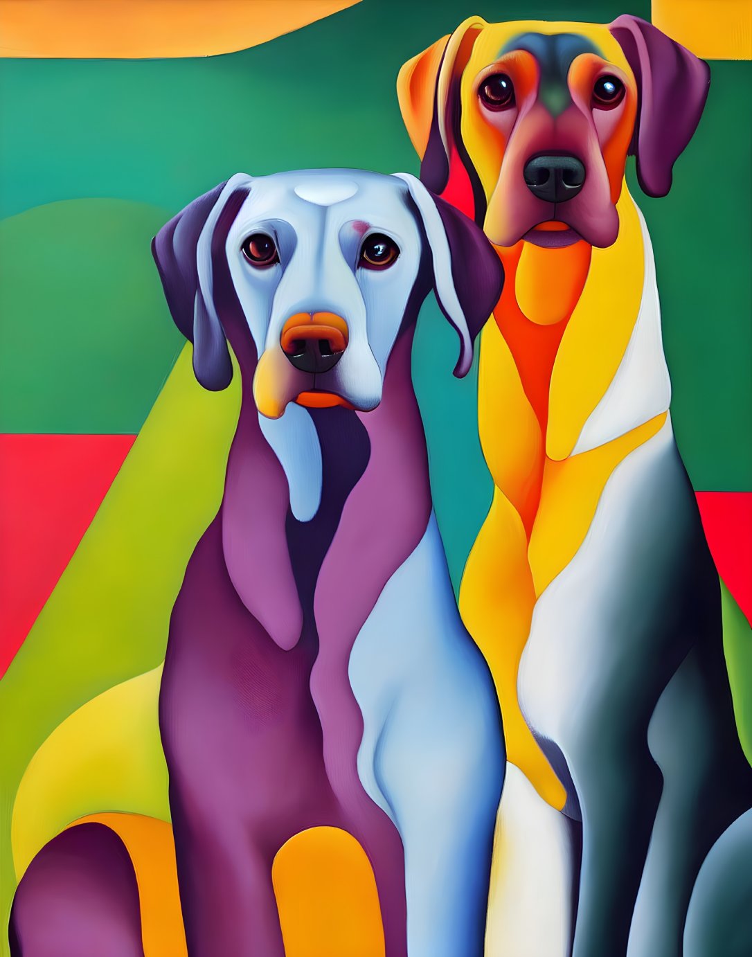 Colorful Stylized Dogs with Human-like Eyes on Abstract Background