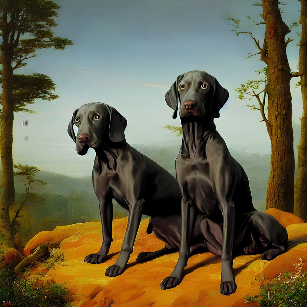 Two Weimaraner Dogs Sitting on Rock in Forest Setting