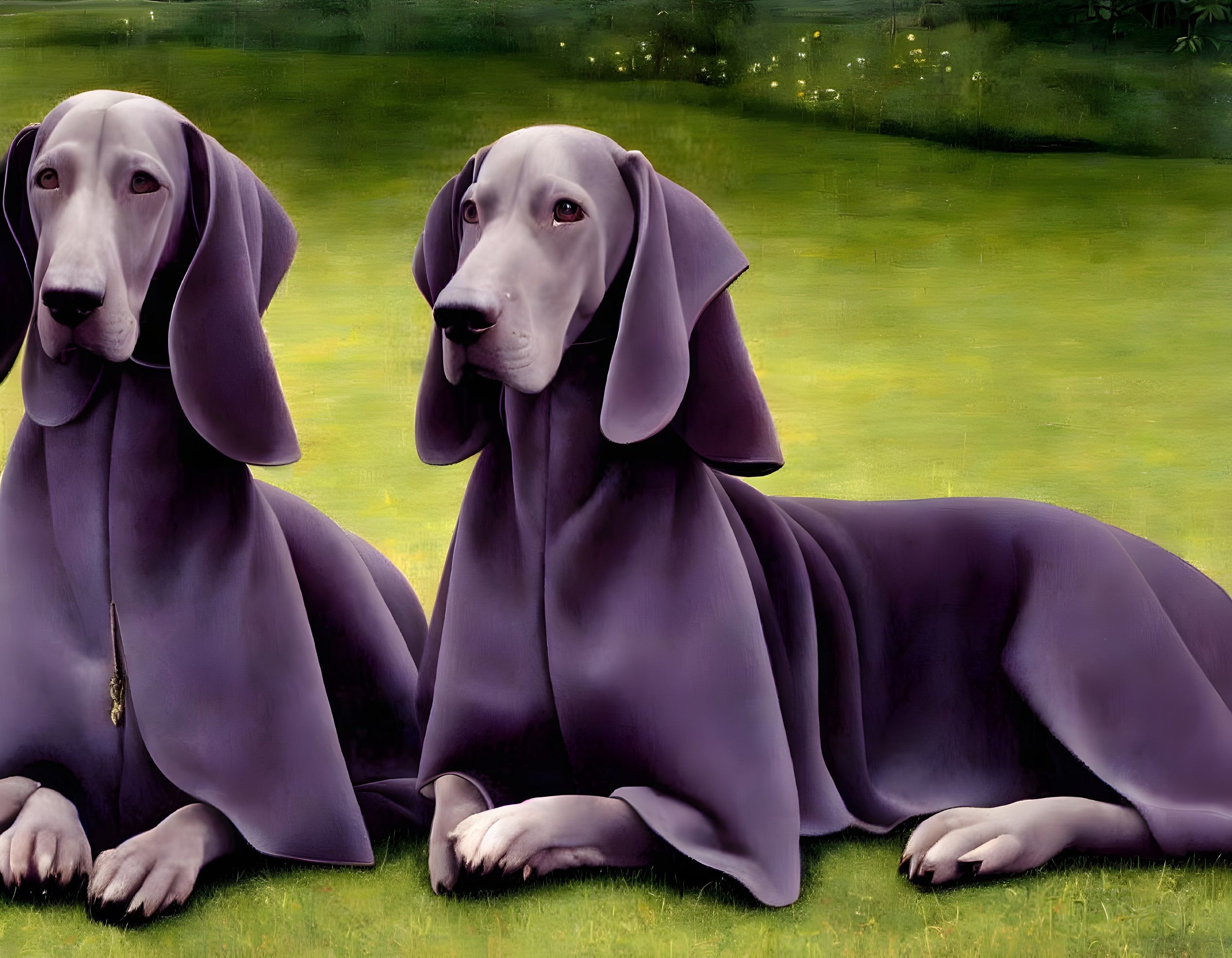 Two purple dogs with exaggerated droopy features sitting on grassy background
