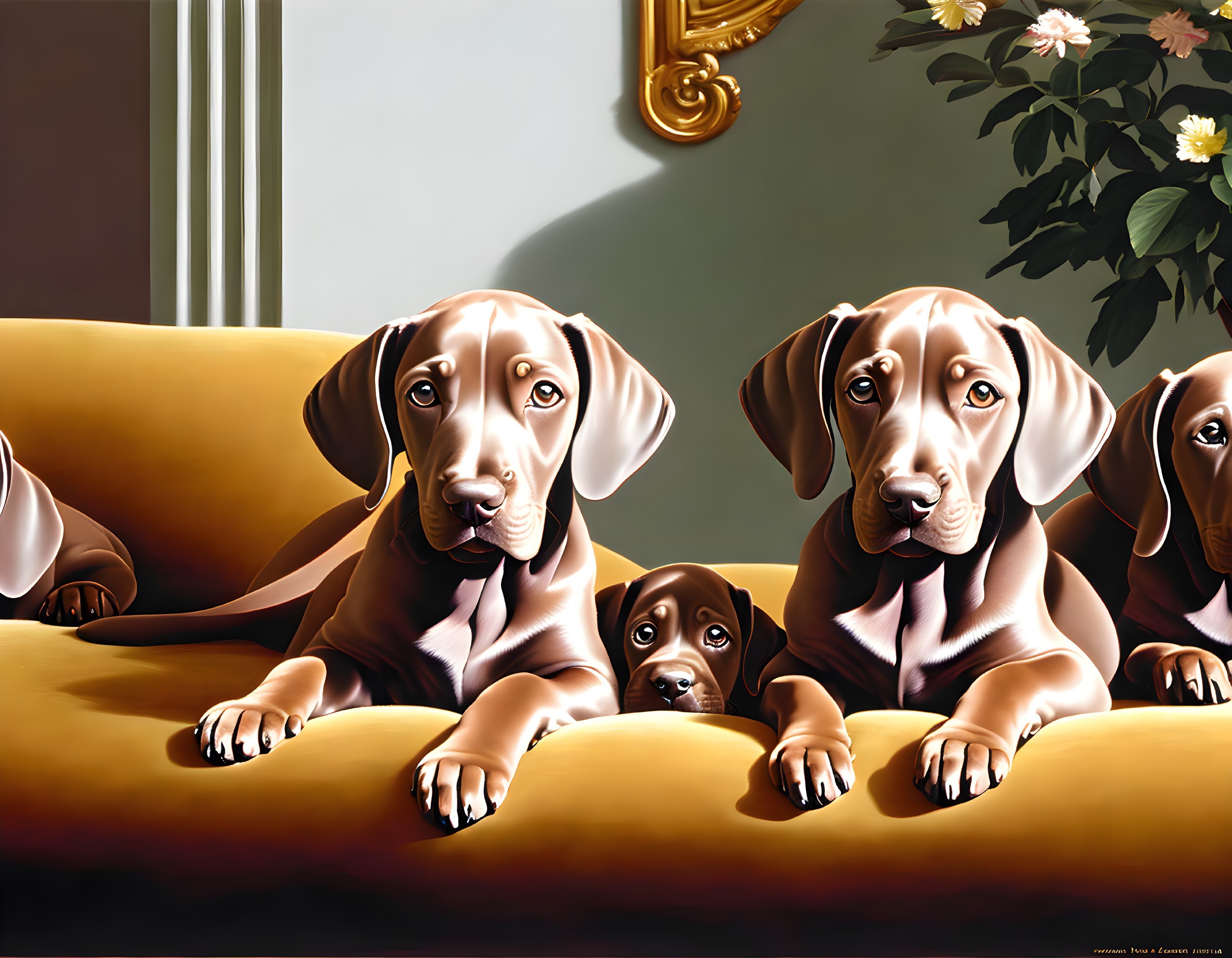 Four adorable puppies on yellow couch with flower painting and mirror