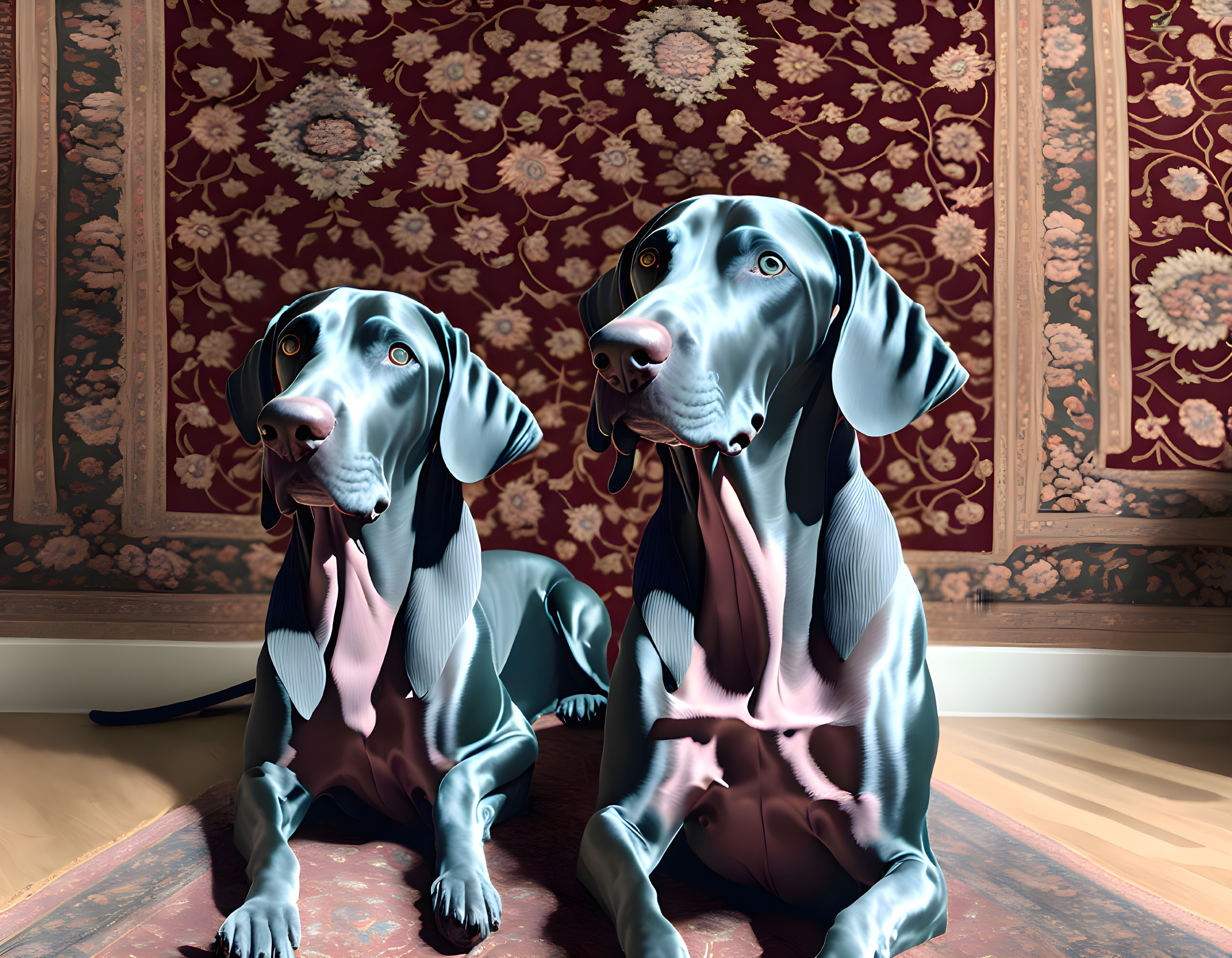 Two Weimaraner Dogs on Wooden Floor with Floral Wallpaper