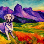 Colorful painting of white dog in vibrant field with purple mountains and sunset sky