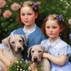 Two Girls in Blue Dresses with Weimaraner Puppies Among Flowers