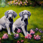 Gray puppies with expressive eyes in colorful flower garden