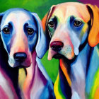 Vibrant painting of two dogs with exaggerated features in blue, pink, yellow, and green against