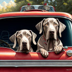 Two dogs in collars peeking out of a red vintage car window with trees and sunlight.