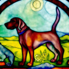 Stained Glass Window with Dogs in Sunny Landscape