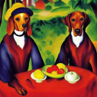 Anthropomorphic Dogs at Table with Fruit Bowl in Green Background