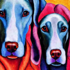 Vivid painting of two dogs in blue, yellow, and red tones