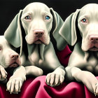 Three Grey Weimaraner Puppies on Burgundy Cloth