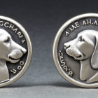 Identical silver coins with dog head profile on grey background