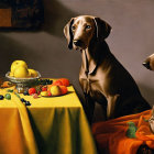 Two dogs with fruit still-life on table in classic style