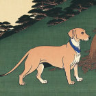 Tan Dog with Blue Bandana in Traditional East Asian Landscape