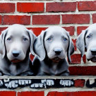 Three Weimaraner Puppies Behind Black Fence and Red Brick Wall