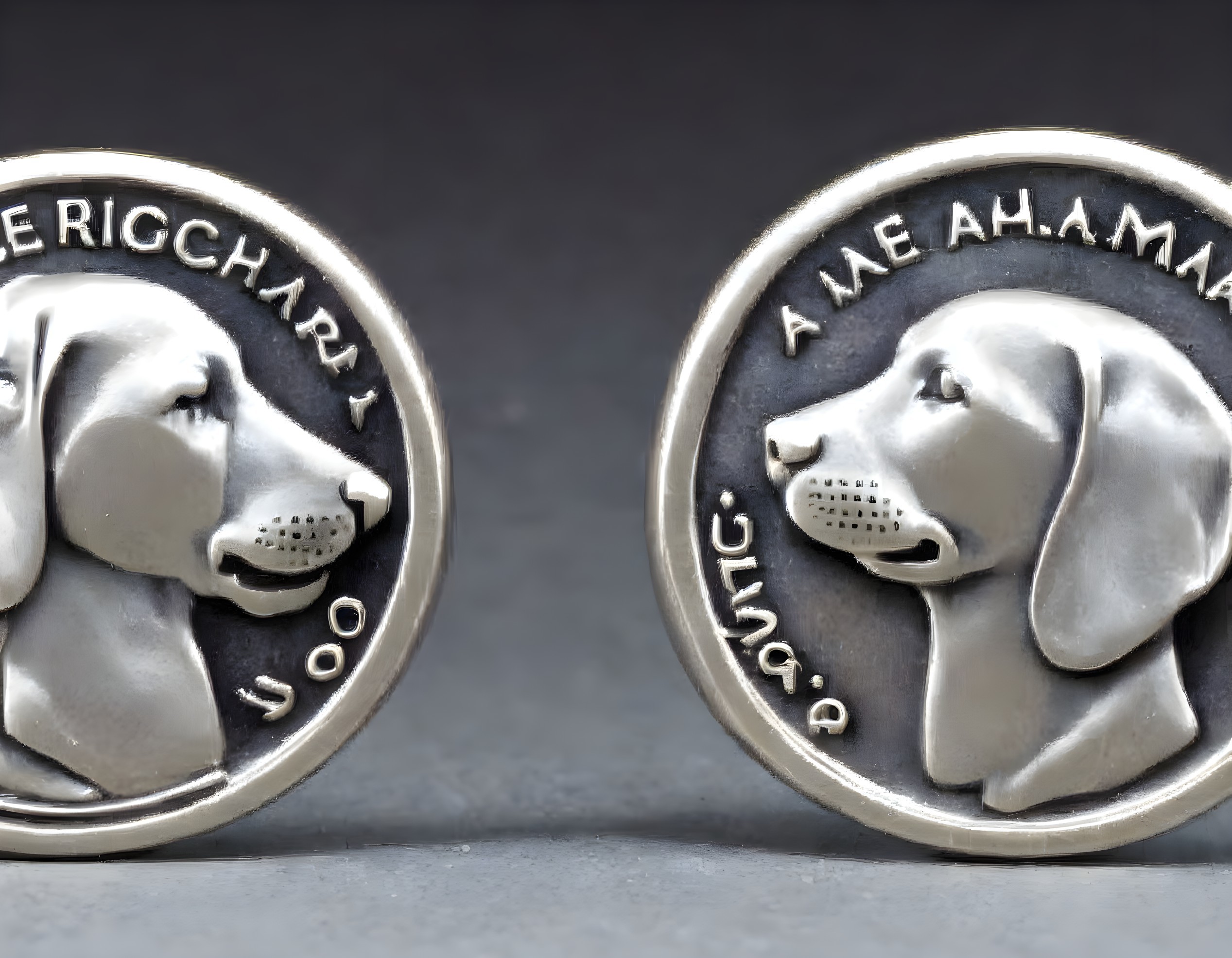 Identical silver coins with dog head profile on grey background