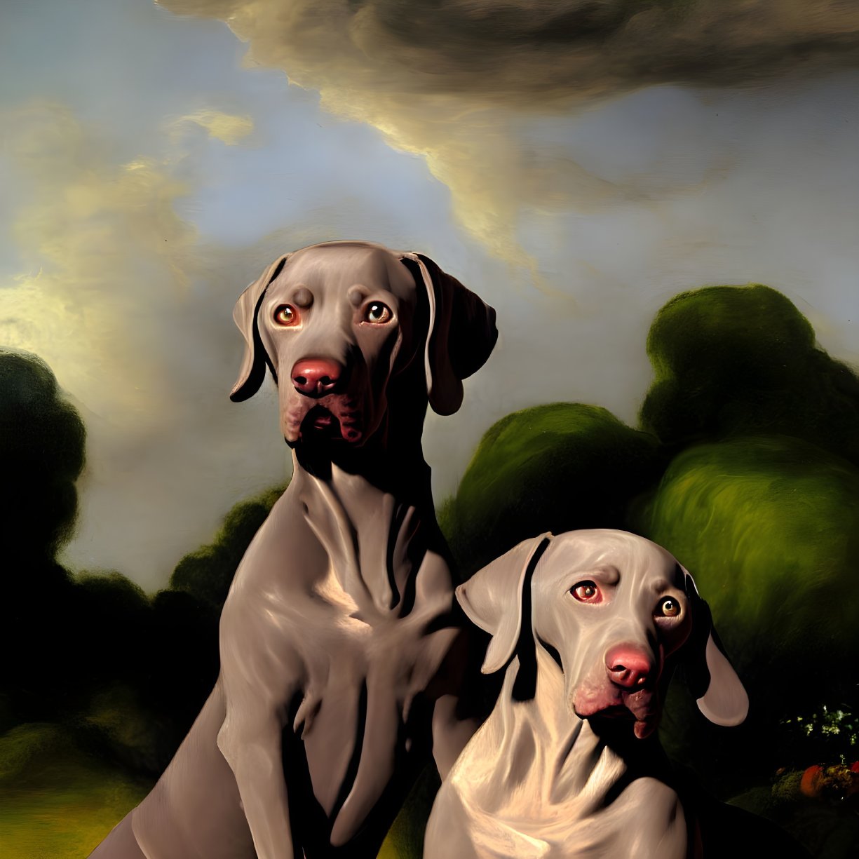 Two Weimaraner dogs in a contemplative scene with moody skies and lush foliage