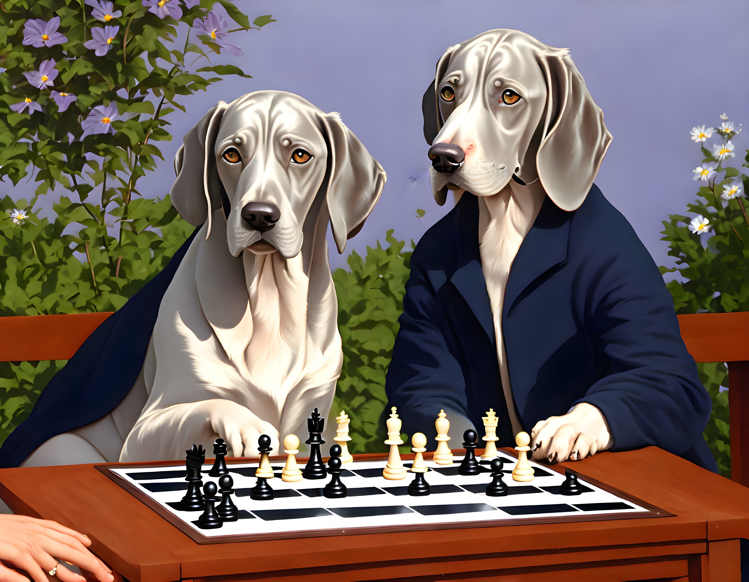 Dogs in suits playing chess outdoors