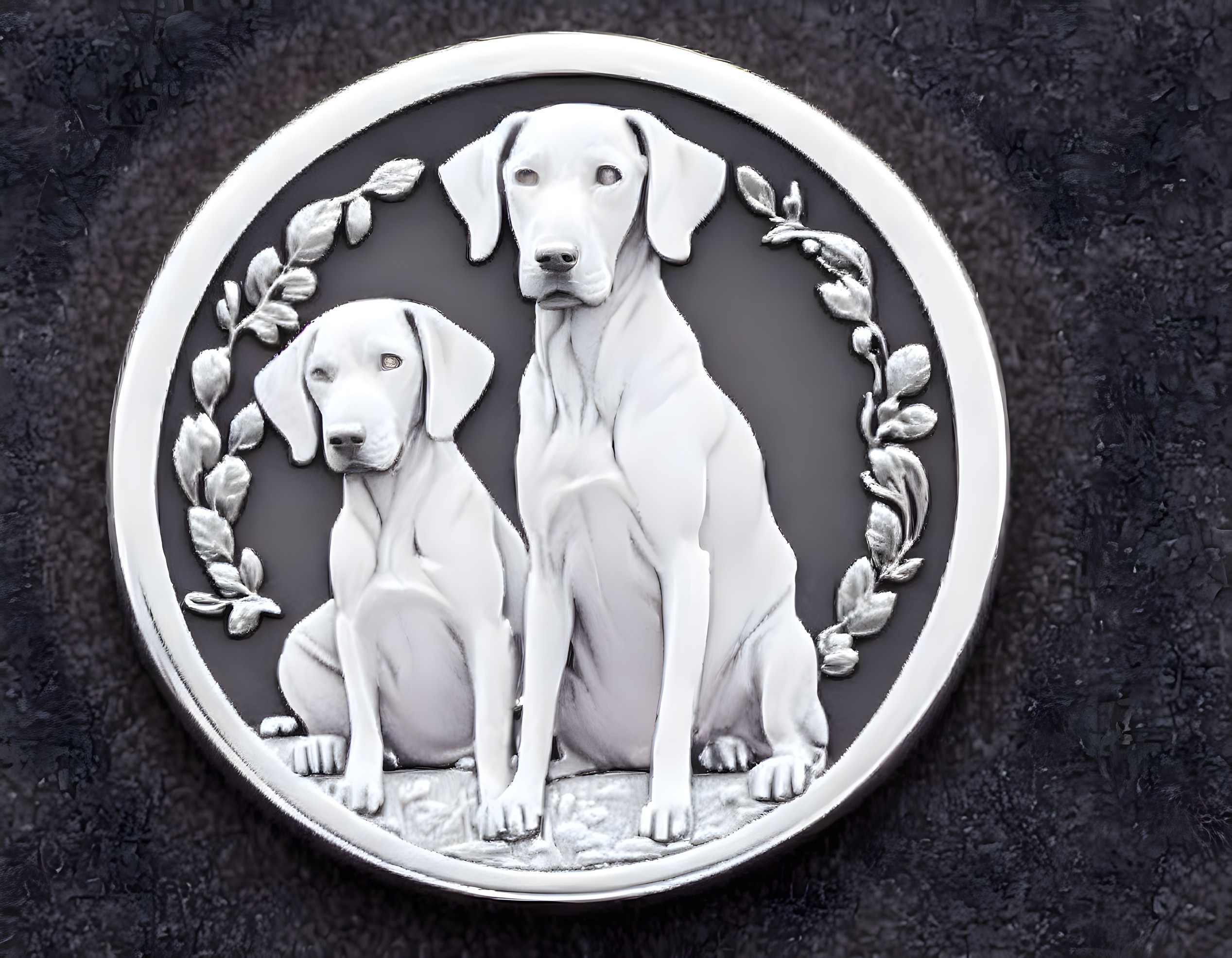 Circular bas-relief plaque featuring two sitting dogs and an olive branch on dark textured background