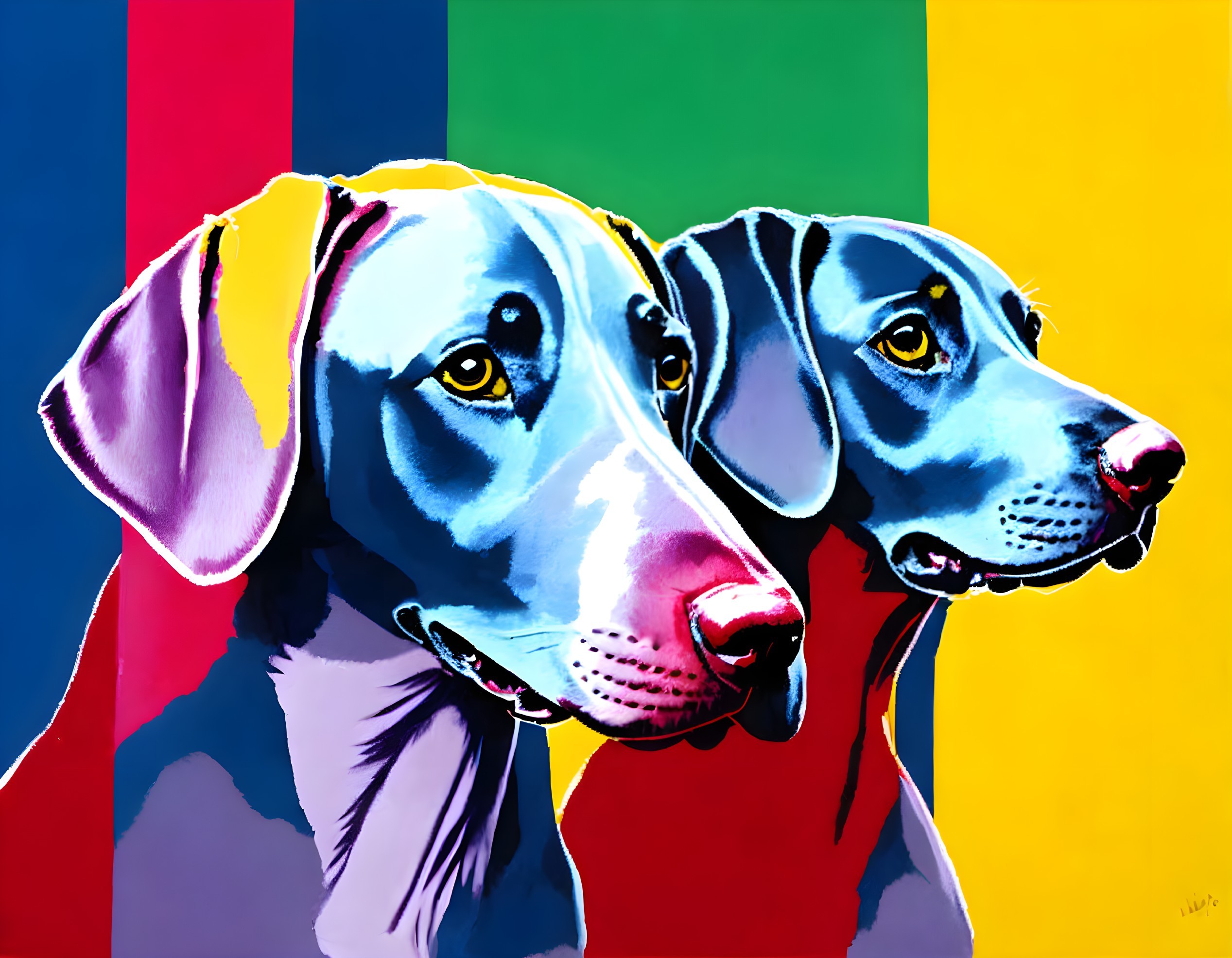 Colorful Stylized Weimaraner Dog Portraits on Striped Background