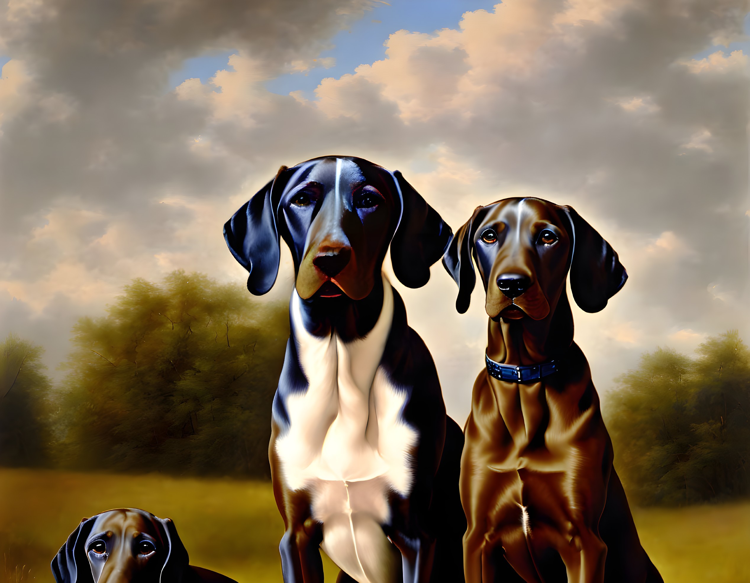 Three Glossy-Coated Doberman Dogs Sitting in Sunlit Field