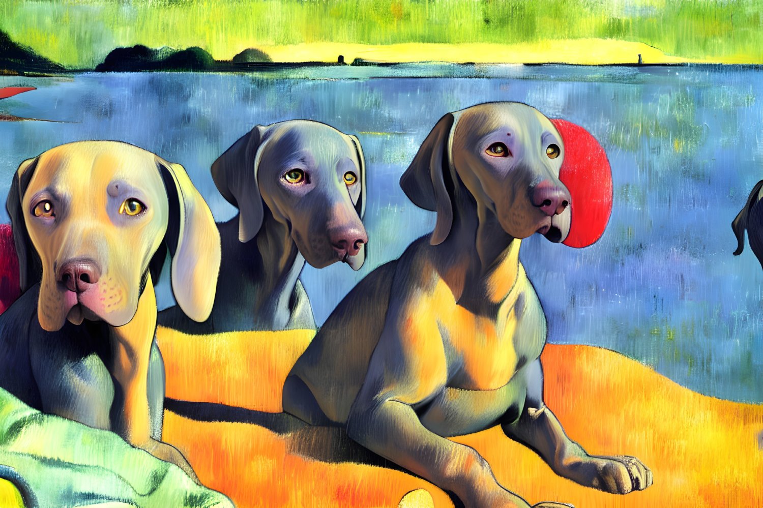 Colorful Stylized Dogs by Lake with Red Frisbee