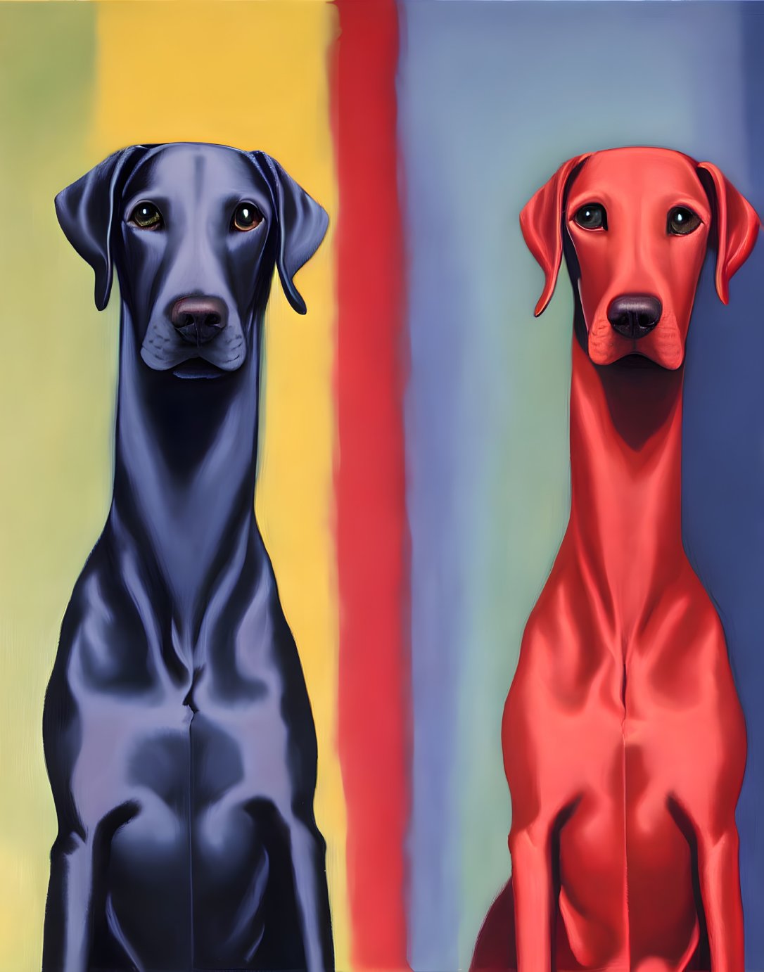 Stylized blue and red dogs on bold striped background