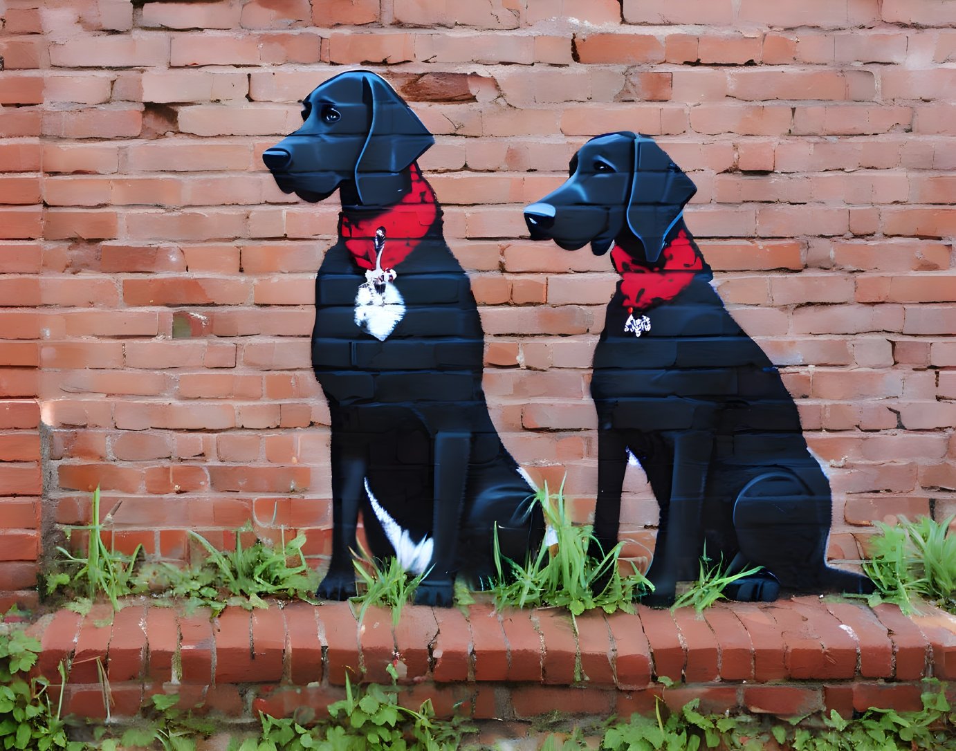 Black Dog Silhouettes with Red Bandanas on Brick Wall with Greenery