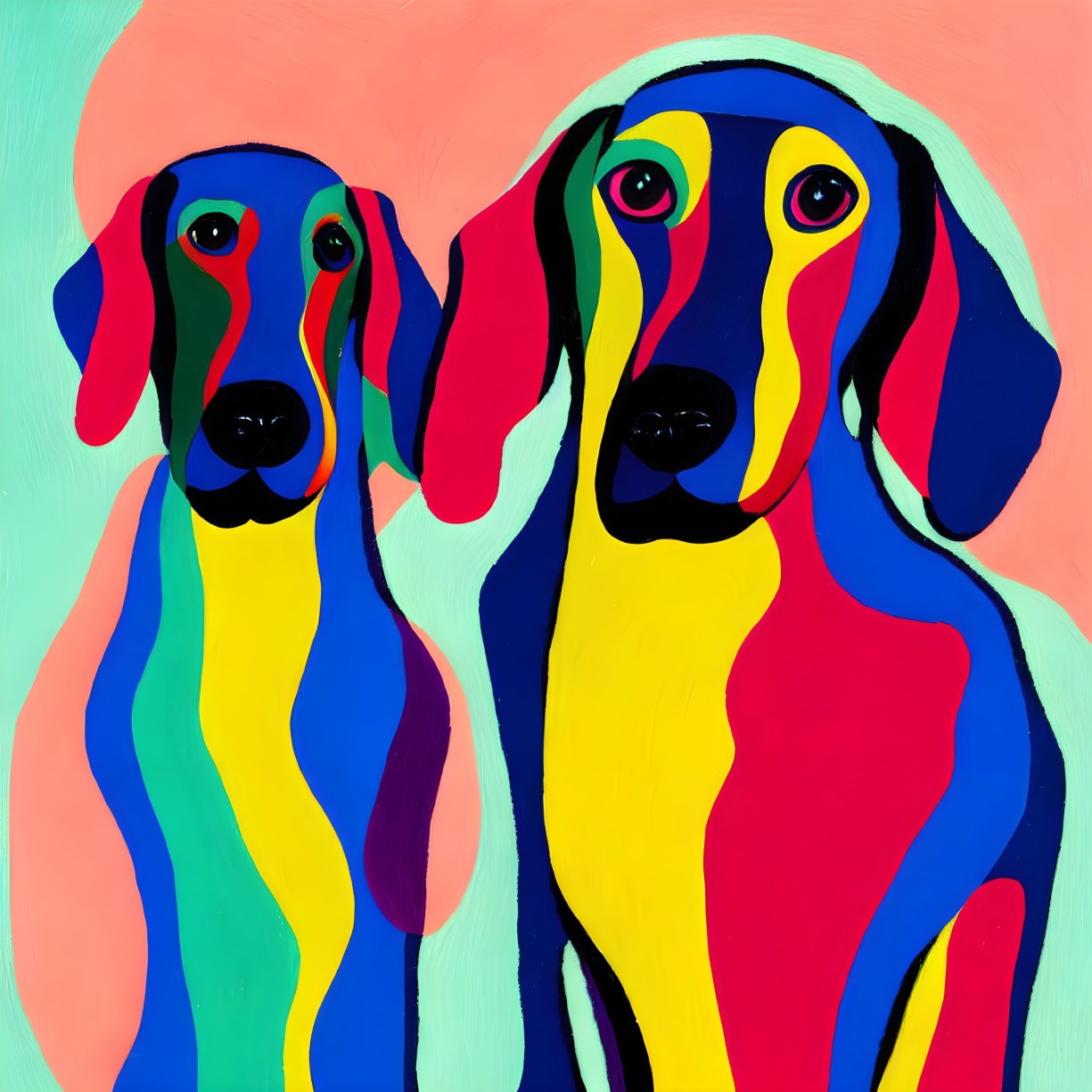 Vibrant abstract painting of two dogs in bold colors