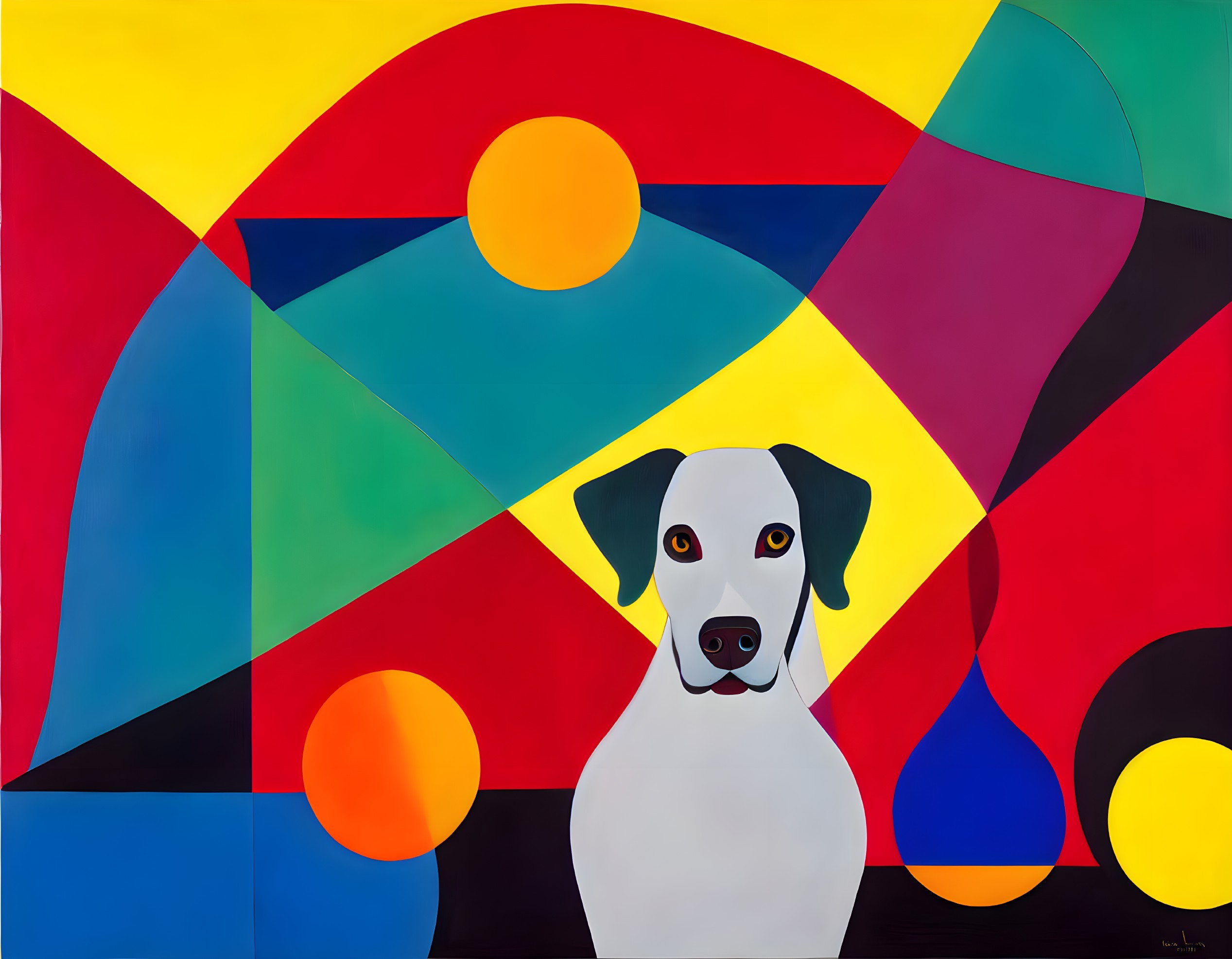 Vibrant abstract geometric design with white dog and black eye patches