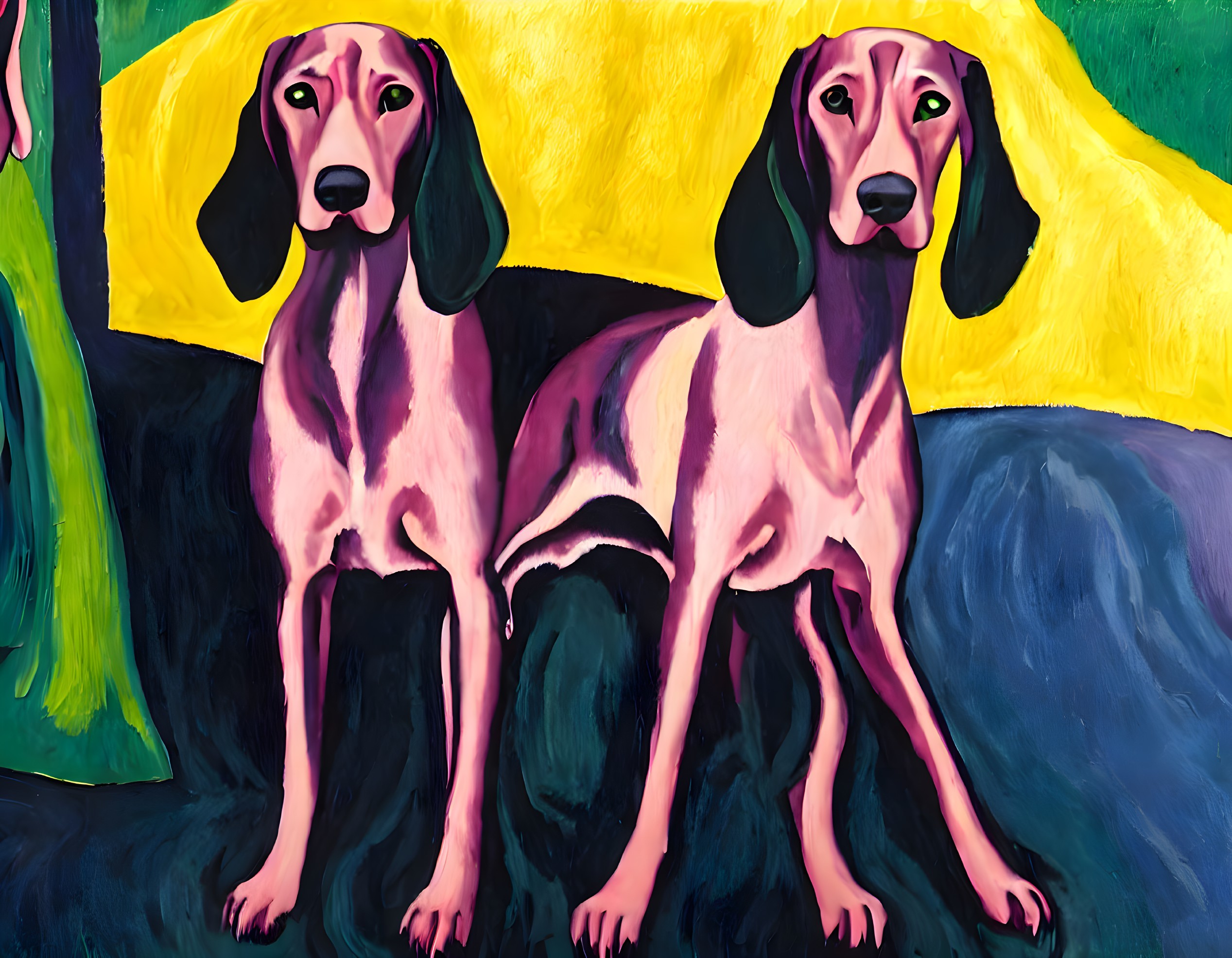 Stylized dachshunds paintings on colorful background