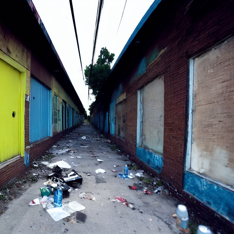 Abandoned urban alley with debris under overcast sky