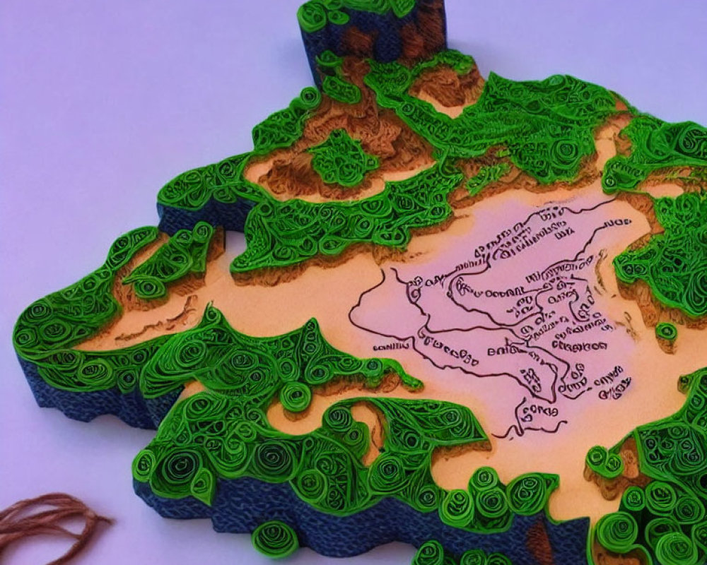 Detailed 3D paper art map with green terrain layers and labeled regions