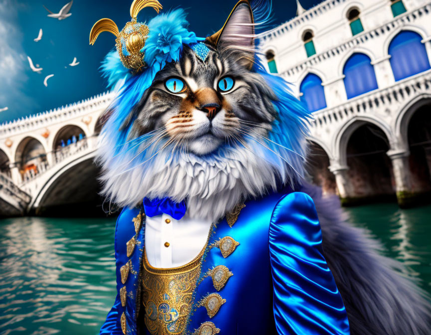 Anthropomorphic cat in blue Venetian costume by Rialto Bridge