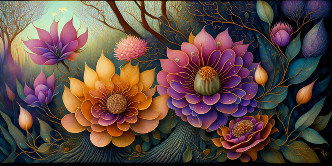 Colorful floral artwork with purple, pink, and orange flowers on textured background