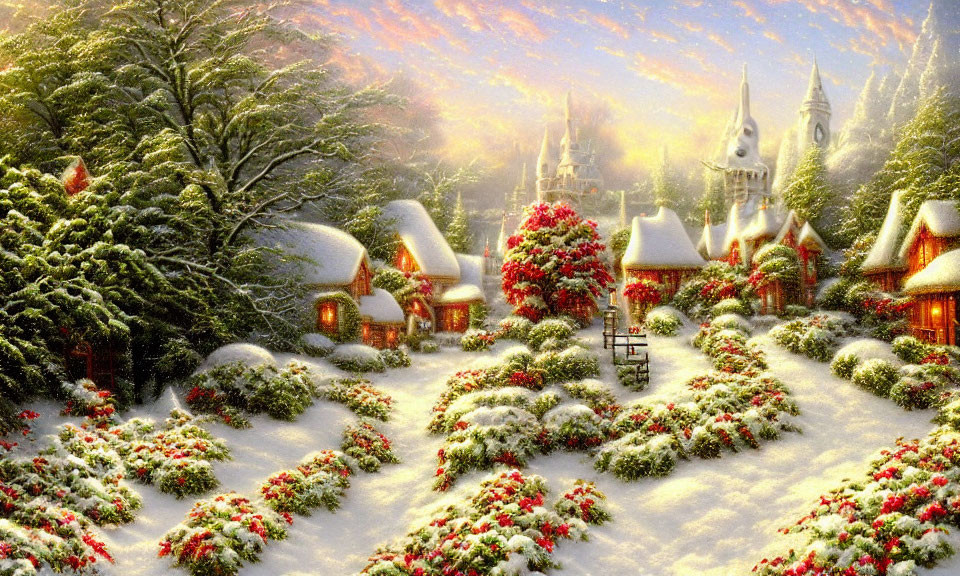 Snow-covered winter village with cottages, trees, and church at sunset