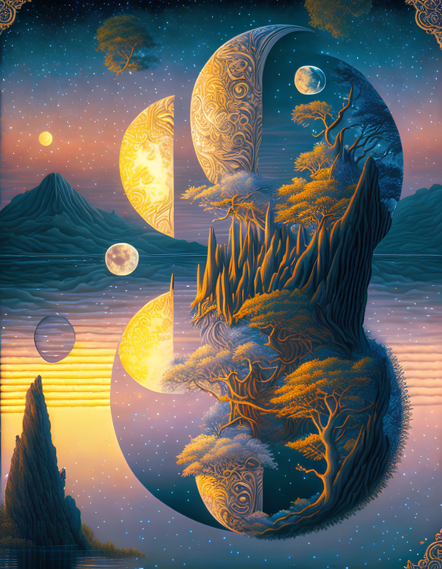 Mystical landscape with moons, trees, mountains under starry sky