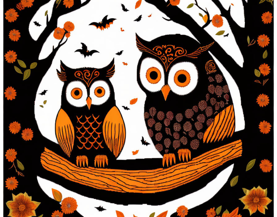 Stylized owls on branch with autumn backdrop