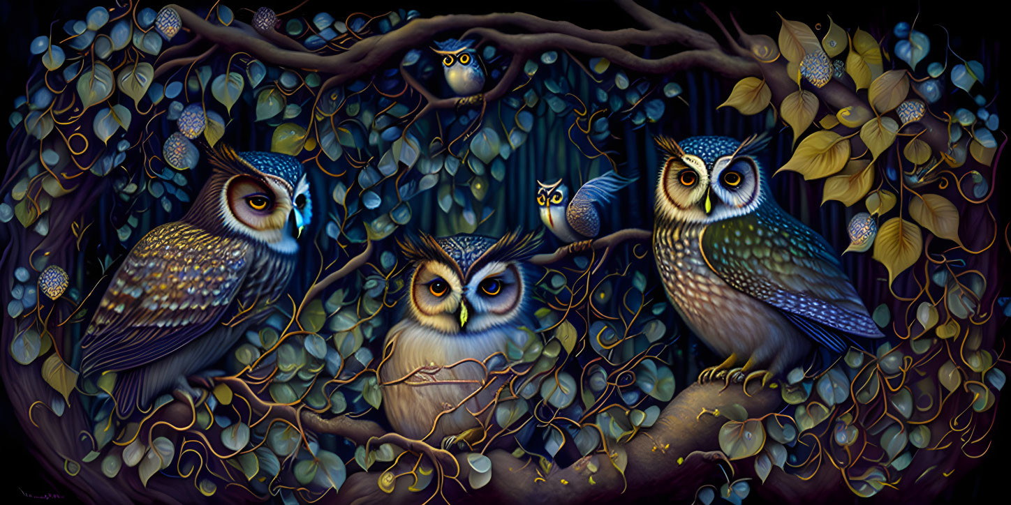 Whimsical illustration of four owls in lush foliage