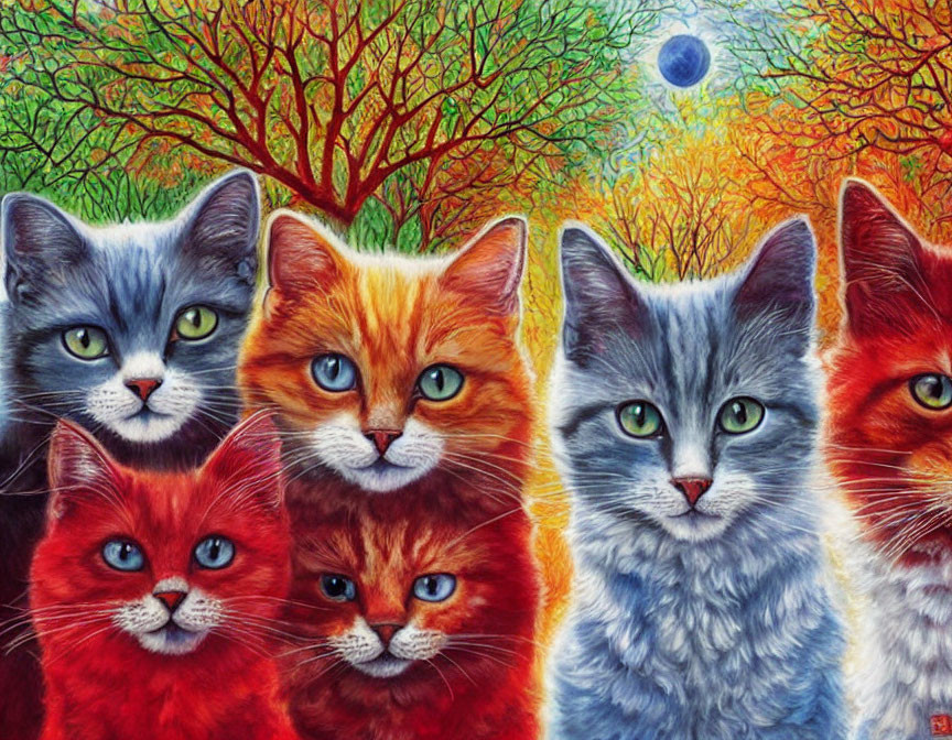 Vibrant painting of six cats in autumn scenery