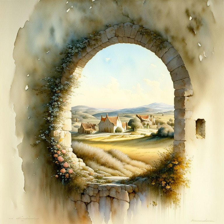 Rustic village scene through ancient stone archway