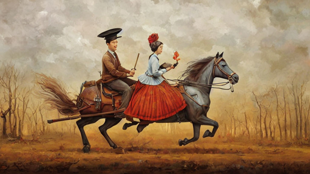 Man and woman in historical attire riding galloping horse on plain under beige sky